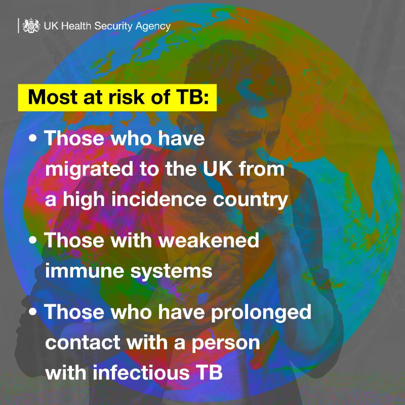 UKHSA's tweet photo. Today is #WorldTBDay, and we're reminding people of the symptoms of TB. 
TB mainly affects the lungs, but can affect any part of the body, including lymph nodes, bones and the brain. 

Find out more about the work we're doing to drive down TB cases in our latest blog 👇
