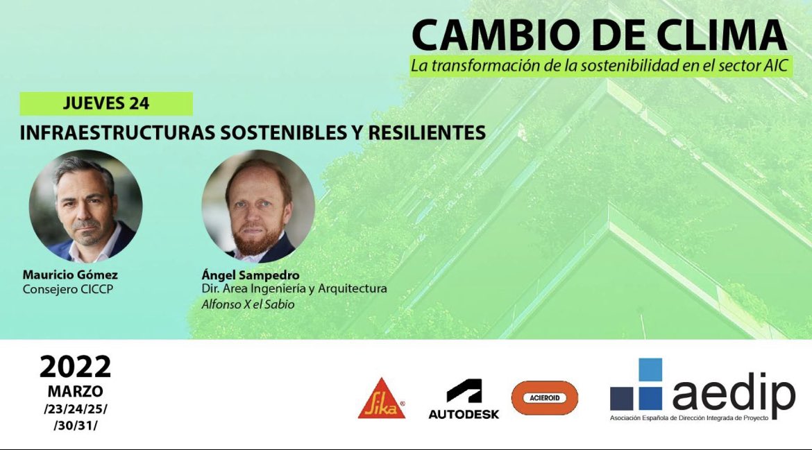 MauricioGomezVi's tweet photo. Hoy conversamos sobre las infraestructuras sostenibles, resilientes y las tendencias de futuro dentro de la jornada CAMBIO DE CLIMA organizada por la AEDIP Asociación Española de Dirección Integrada de Proyecto 
Qué suerte compartir panel virtual con Ángel Sampedro Rodríguez https://t.co/lcIiwtP9DD