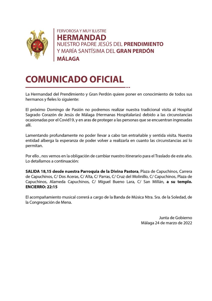 🔔Comunicado Oficial de la Hermandad del Prendimiento <a href="/HPrendimiento/">Prendimiento y Gran Perdón - Málaga</a> 

#CofradiasMLG