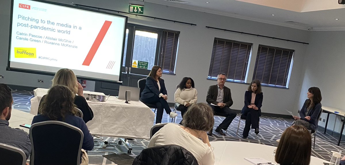 thatWilkochap's tweet photo. Look: real people! ⭐️ 

Looking forward to hearing from a great line up at today’s @CIPR_Cymru conference.

First up, @Rhian_Moore asks @ITVCaroleGreen @CatPascoe @alistairmcghie @mizmckenzie about Pitching to the media in a post-pandemic world

#ciprcymru #pr #cpd #learning https://t.co/AkbwBSysCK