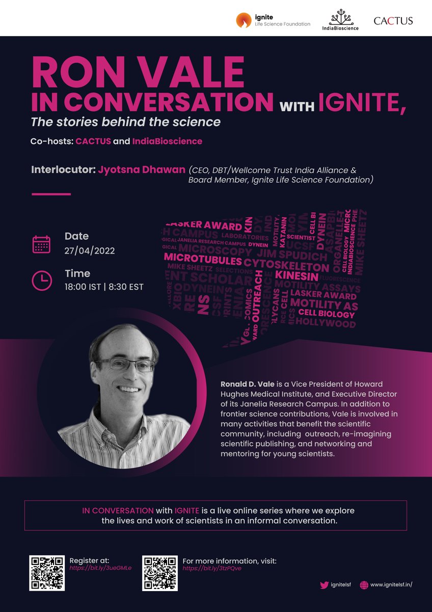 IndiaBioscience's tweet photo. Join us @ignitelsf @Cactusglobal @IndiaBioscience in 2nd session of 'In Conversation With Ignite' to chat about the stories behind the science with Ron Vale @HHMIJanelia @HHMINEWS. Moderated by Jyotsna Dhawan @ignitelsf @India_Alliance 
27 April 6 PM IST / 8:30 AM EST https://t.co/hS7iy4z6x8