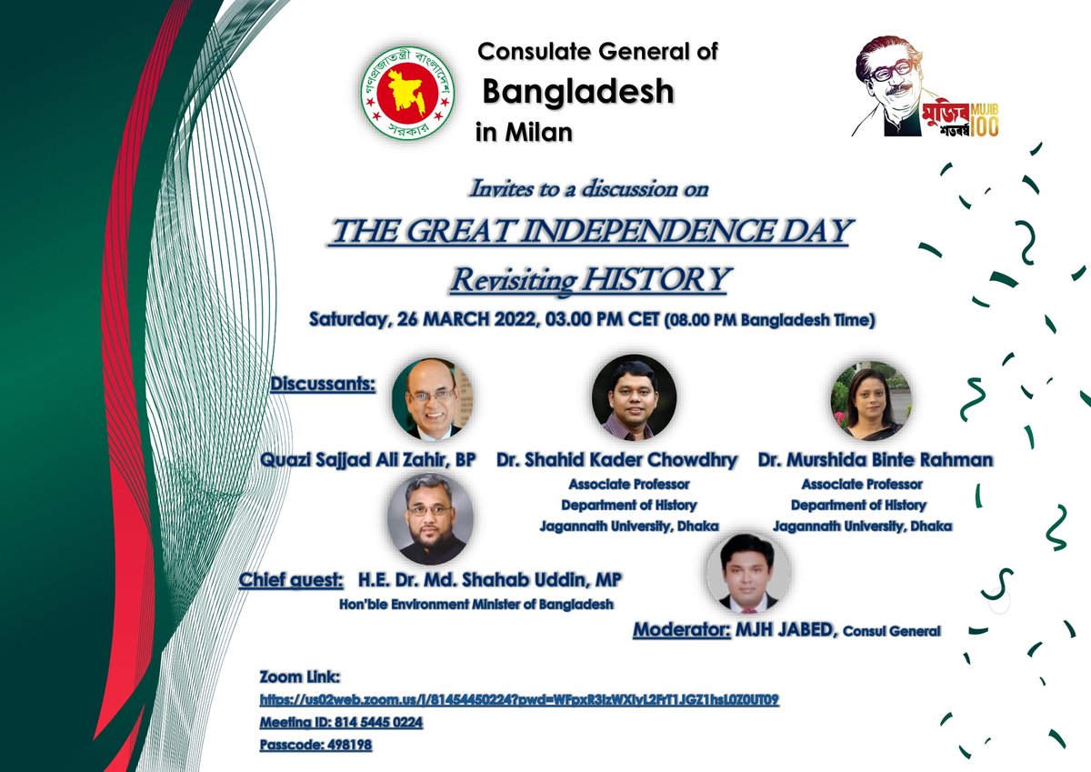 BCGMilan's tweet photo. Join us on #Zoom on Saturday, March 26th at 3:00 pm to discuss our great Independence Day, Revisiting History.

#IDay #Bangladesh #Milan #IndependenceDay https://t.co/FxMMRdkGwE