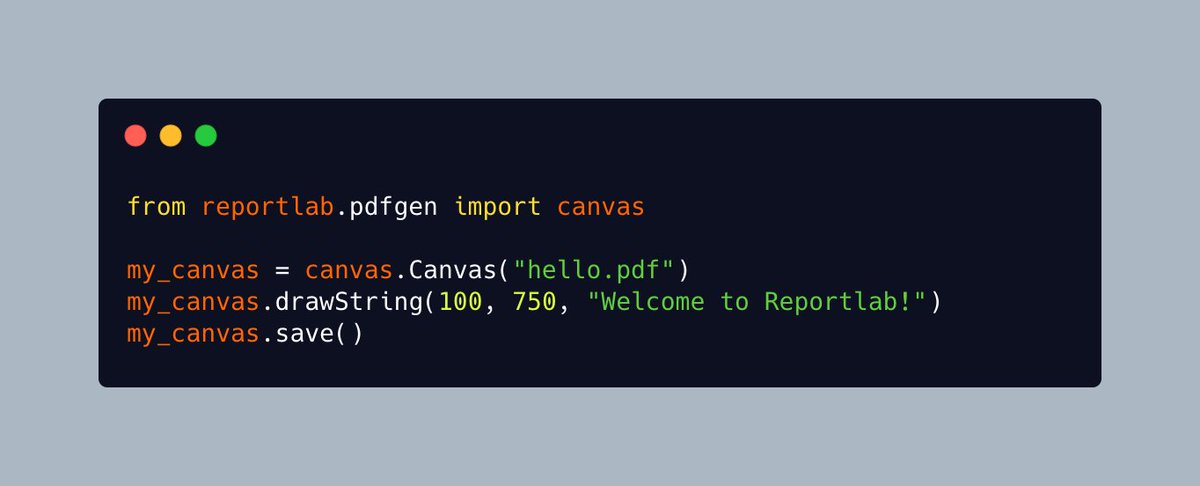 driscollis's tweet image. If you need to create PDFs with #Python, you have several choices.

My favorite package is #ReportLab. I feel like it is the most feature-rich PDF package for creating PDFs in Python.

Here&apos;s a &quot;Hello World&quot; type piece of code that&apos;s only 4️⃣ lines! 🐍🔥
