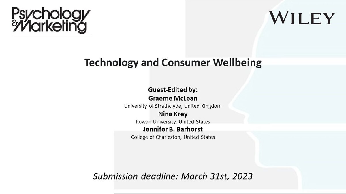 PsychMarJournal's tweet photo. Technology and Consumer Wellbeing

Guest Editors: Graeme McLean (@StrathBusiness), @dr_ninak (@RowanUniversity), @BrandPhD (@CofC)

👉https://t.co/Hd0Zmv6Eis

@WileyPsychology https://t.co/sd7vOV3yB4