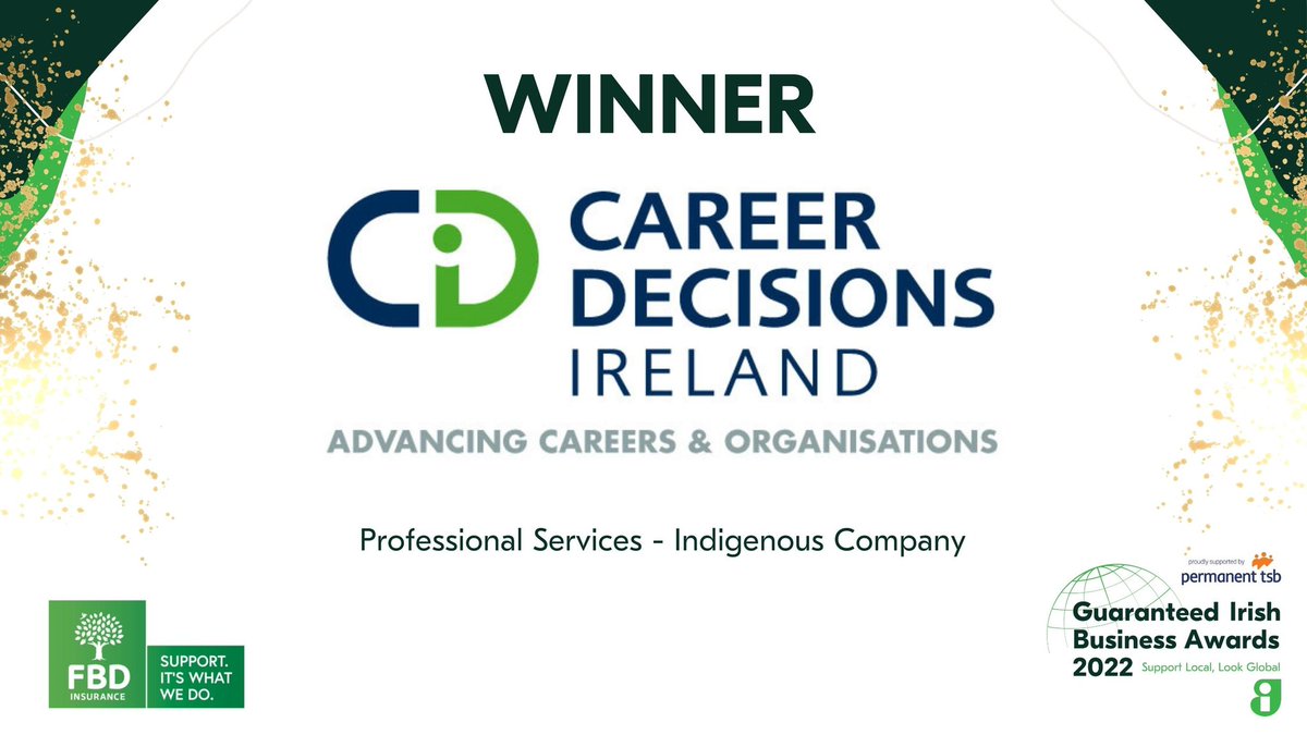 Congratulations @CareerDecisions Winner of Professional Services Award sponsored by <a href="/fbd_ie/">FBD Insurance</a> at #GuaranteedIrishBusinessAwards proudly supported by @permanenttsb. Career Decisions provides executive &amp; leadership coaching to multinationals &amp; public sector organisations nationwide.