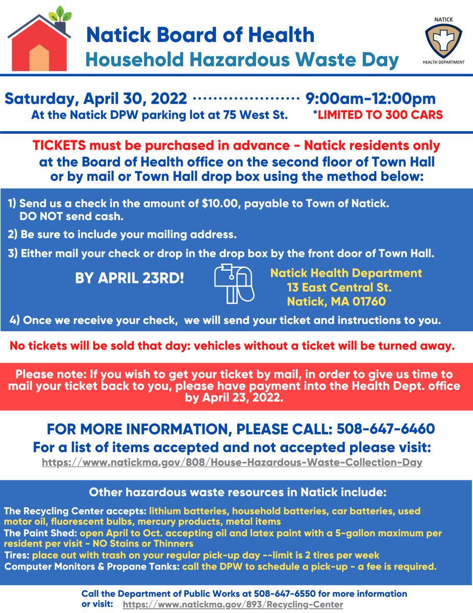 Household Hazardous Waste Day is April 30th from 9AM-12PM! Check out our flyer below for your options to purchase a ticket More information about the event and what will be accepted can be found on our HHWD webpage. If you have any questions give us a call at (508) 647-6460!
