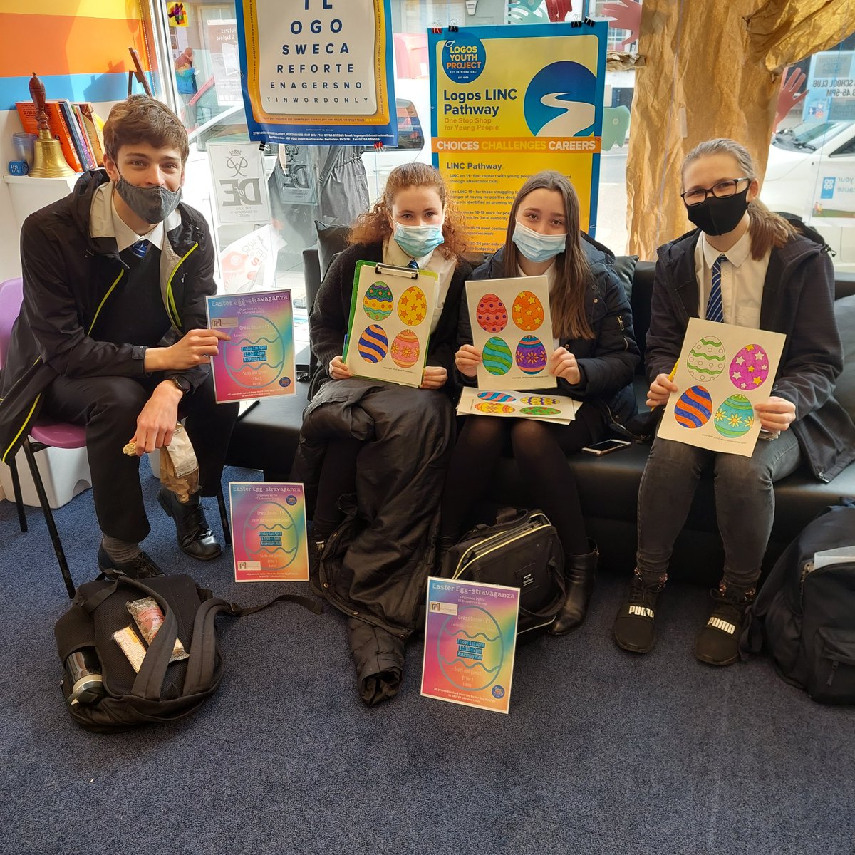 Members of the S5 Enterprise Group @TheCSoA popped into Logos over lunchtime to prepare for their Easter Egg-stravaganza event which they're running at the school next Friday. Watch this space for more info. #eastereggstravaganza @pkcyouthwork @GannochyTrust