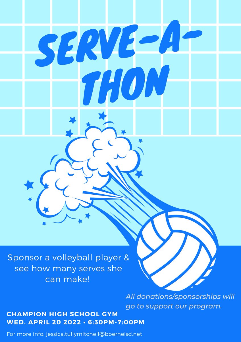 Support our Serve-A-Thon fundraiser!!! Your Chargers will make as many serves as they can in a limited amount of time. For every successful serve they complete, your generous sponsorship will help pay for our volleyball expenses.