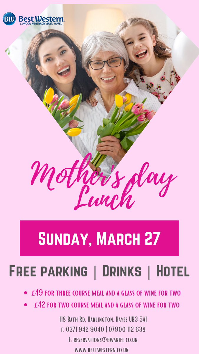 bw_ariel's tweet photo. Book now for #MothersDay #lunch

at Best Western London Heathrow Ariel

We will be OPEN all day from 12pm.

Treat Mum to a special dining experience this Sunday.

Book now: T: 0371 942 9040 | 07900 112 638  

E: reservations@bwariel.co.uk

https://t.co/brVKQsmdZ6
#mothersday https://t.co/MmcpJO4fNu