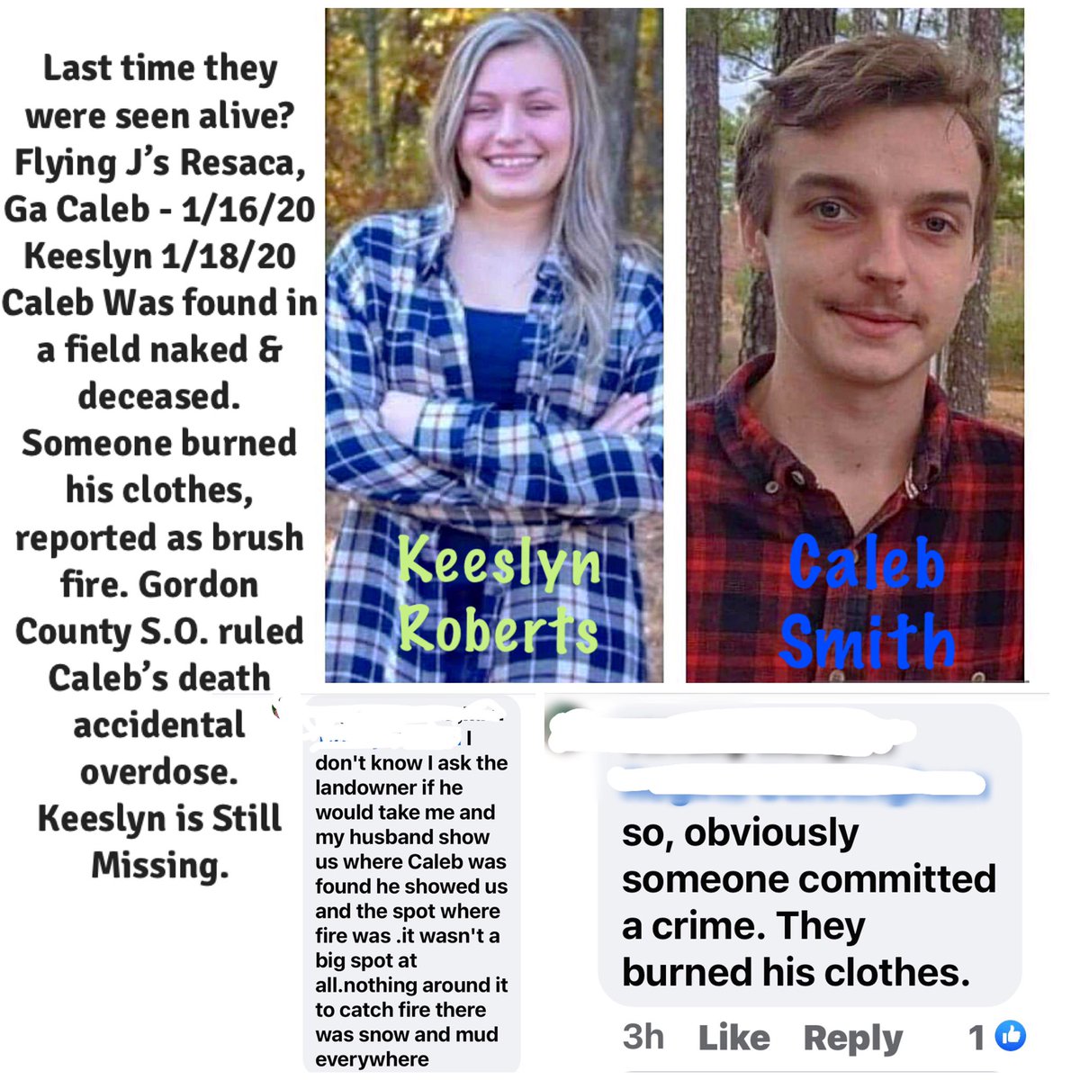 Tiffany34006057's tweet photo. #KeeslynRoberts #MissingPerson Both Last Seen Alive at #FlyingJ’s #ResacaGa #CalebSmith death ruled accidental O.D., but his clothes were burned beside him where he was found deceased. #speakup #seesomethingsaysomething #Gordancounty #thursdaymorning #news https://t.co/P5lsJ0Yffk