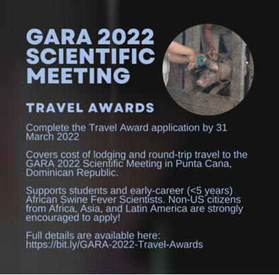 Livestock_IDRC's tweet photo. One week to submit your abstract and apply for a travel award to the Global #AfricanSwineFever Research Alliance (GARA) 2022 Scientific meeting. 

Don't miss this opportunity⬇️⬇️⬇️
https://t.co/AMhVpYG857 https://t.co/ad6HCMTZGJ