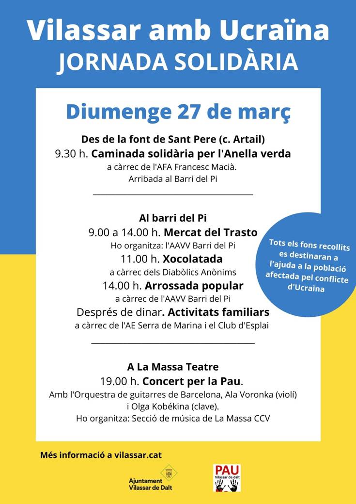 JORNADA SOLIDÀRIA🤝
 
Aquest diumenge 27 de març, #VilassardeDalt organitza una jornada solidària per recollir fons destinats a l'ajuda a la població afectada pel conflicte d'Ucraïna. 
➡️bit.ly/3wDPm95

#Maresme <a href="/vilassardedalt/">Vilassar de Dalt</a> <a href="/VilassarUcraina/">Vilassar Amb Ucraïna</a>