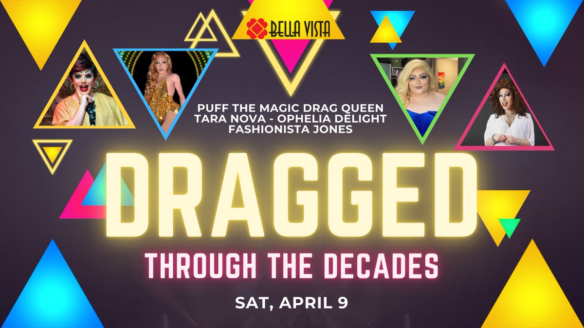 Sat-April 9th “Dragged Through the Decades".
Hosted by Puff the Magic Drag Queen with Tara Nova, Ophelia Delight, and Fashionista Jones.
bellavista.ca for tickets and info.
See you at The Bell!