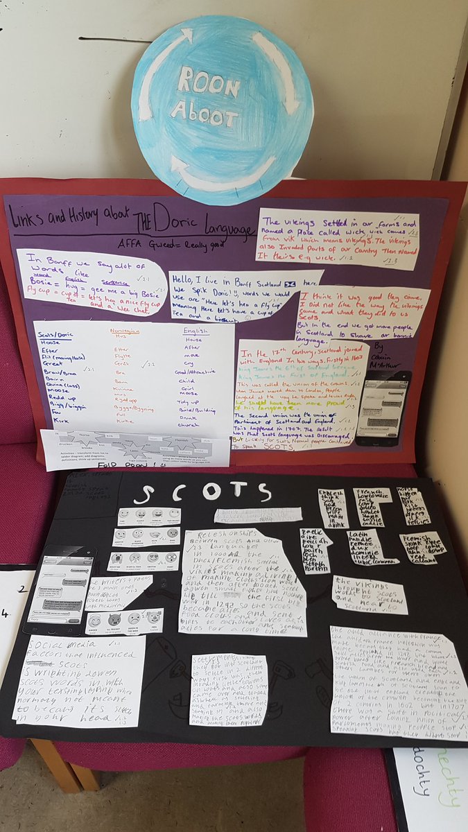 JamieFairbairn1's tweet photo. Assessing ootcomes fae a wheen o beautiful wirk on historie an development o Scots. S3 class.  #SQAScotslanguageaward #OUScotsCPD @EducationScot #lairnscots https://t.co/2FpoP1UDSv