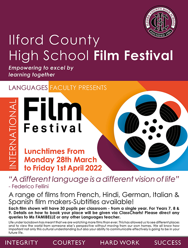 ICHS INTERNATIONAL Film Festival: Lunchtimes From Monday 28th March to Friday 1st April. A range of films from French, Hindi, German, Italian &amp; Spanish film makers-Subtitles available! 
“A different language is a different vision of life”
- Federico Fellini #ICHS-COMMUNITY