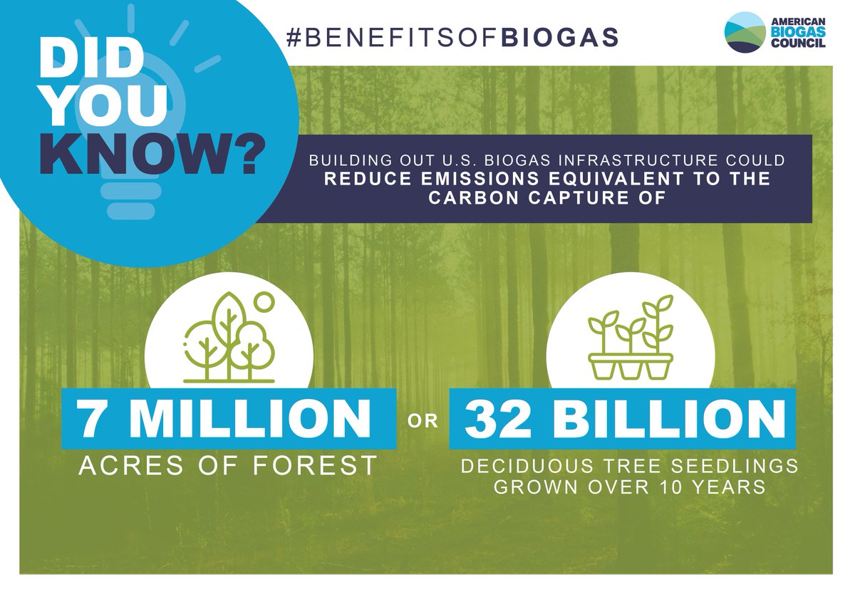 ambiogascouncil's tweet photo. Building out U.S. biogas infrastructure could reduce carbon emissions equivalent to the capture from 7 million acres of mature forest or the planting 32 billion deciduous tree seedlings and growing them for 10 years. 🌳
Harness the #benefitsofbiogas: https://t.co/MVcMq7dWxK https://t.co/9jCo0w6Mb1