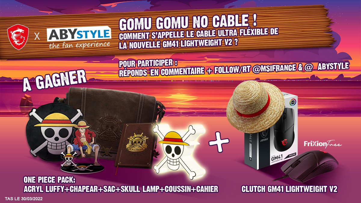 msifrance's tweet photo. {#concours] 
Un magnifique pack #ONEPIECE + une souris MSI GM41 LIGHTWEIGHT V2☠️👒

🔴 Pour jouer, RT/Follow @msifrance &amp; @_ABYstyle 
🔴 Réponds  à la question suivante "Comment se nomme le cable ultra fléxible de la nouvelle GM41 LIGHTWEIGHT V2 ?"

#ONEPIECE1044  
📆 TAS 30/03 https://t.co/Sg2SyCltoH