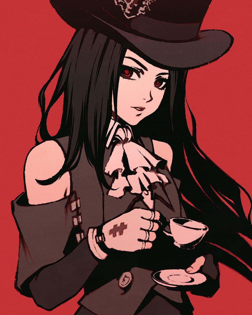 long hair black hair hat red eyes gloves 1other top hat  illustration images