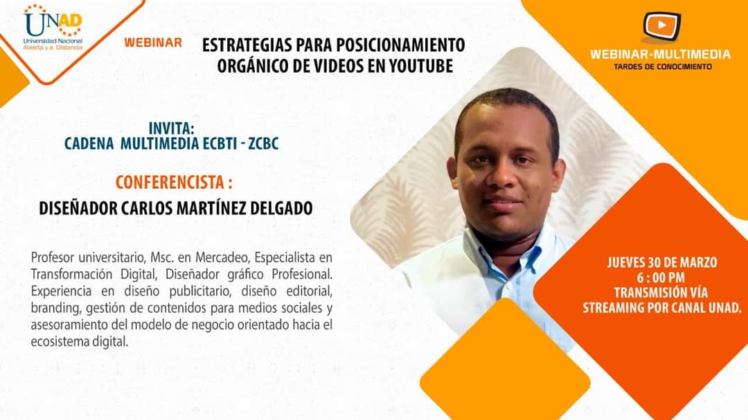 🎙La cadena de formación en Multimedia y la ZCBC–ECBTI, los invita al Webinar 🎥¨Estrategias para posicionamiento orgánico de videos YouTube¨ el miércoles 30 de marzo a las 6:00 pm.

Transmisión por TV Unad Virtual 👉 youtube.com/user/universid…