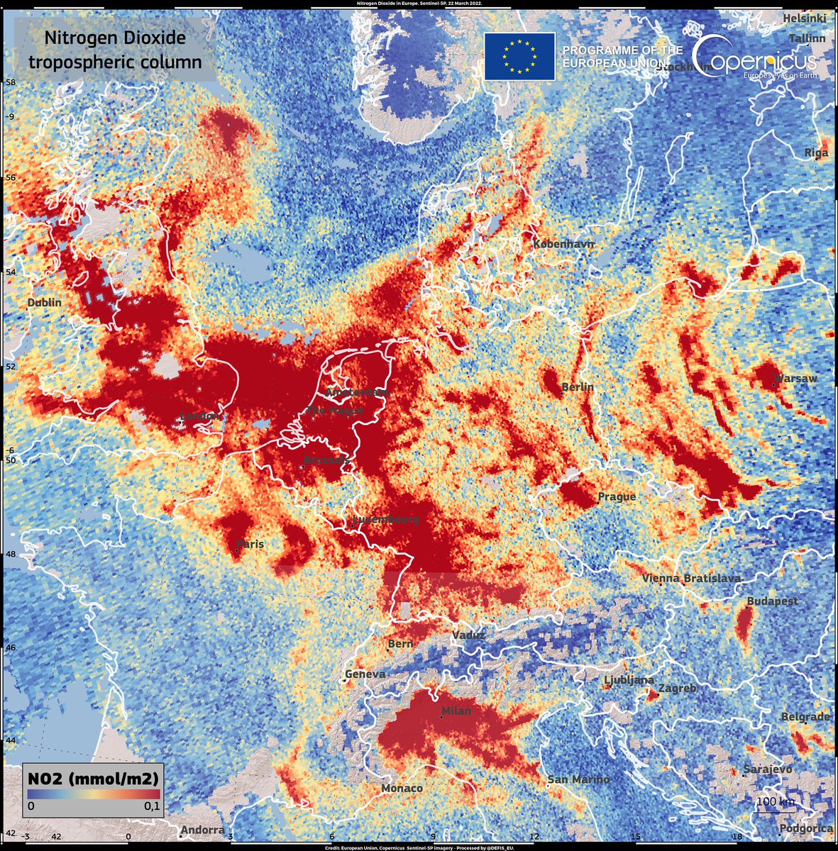 De Europese stikstofdioxide kaart van afgelopen dinsdag. Een kraakheldere ‘reminder’ dat het Nederlandse schone @luchtakkoord hard nodig is: rijksoverheid.nl/actueel/nieuws…

copernicus.eu/en/media/image…

samenmetenaanluchtkwaliteit.nl/stikstofdioxid…