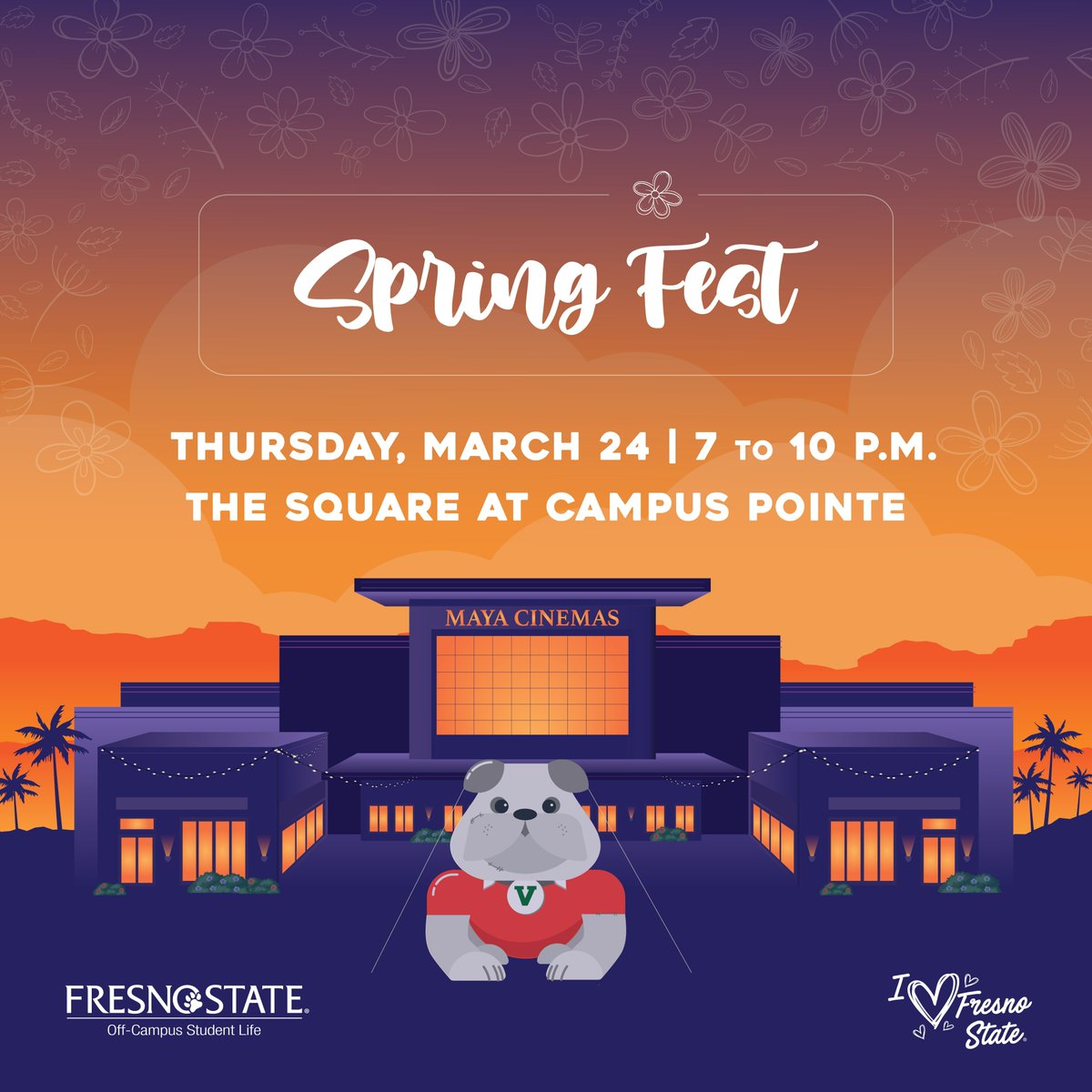 TONIGHT - Spring Fest Night at Campus Pointe from 7 pm- 10 pm! Free exclusively to all Fresno State students. You must bring your student ID with you to get in. This event is hosted by the Off-Campus Student Life. Students will be able to enjoy numerous activities!