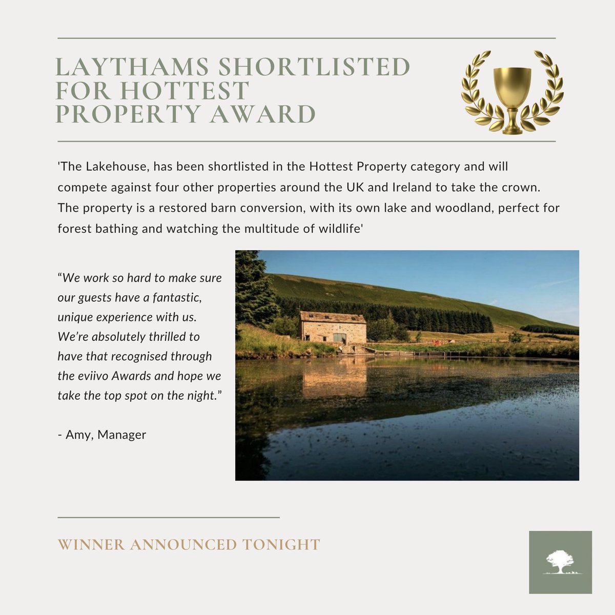 UKEscape's tweet photo. We are so excited that The Lakehouse has been shortlisted for the @eviivo hottest property award 😍 The winner is announced tonight at 7pm! #Laythams https://t.co/qewN8LSyjH