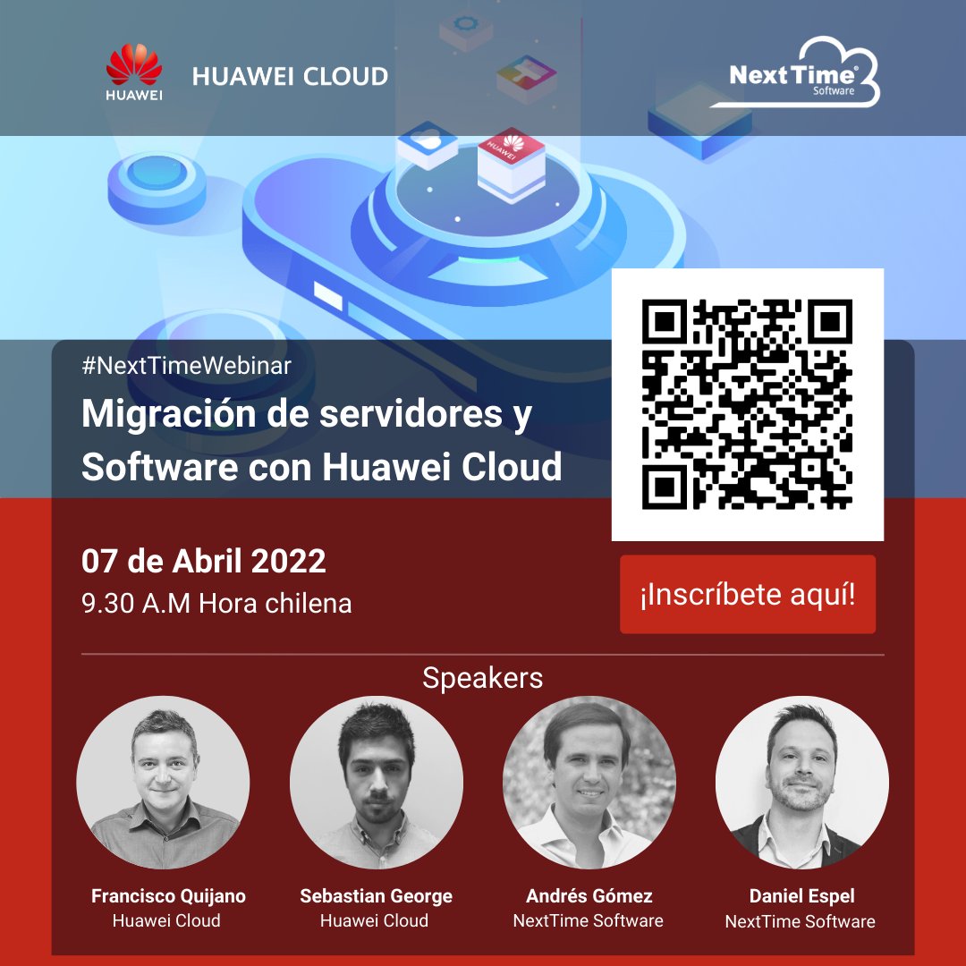 NextTimeSoft's tweet image. Te invitamos este Jueves, 07 de Abril a las 9:30 am. a nuestro #NextTimeWebinar Migración de servidores y software con Huawei Cloud.
Conoce los beneficios de tener una arquitectura digital soportada por dos datas center en Chile. Inscribete aquí: nexttimesoftware.com/landing/webina…