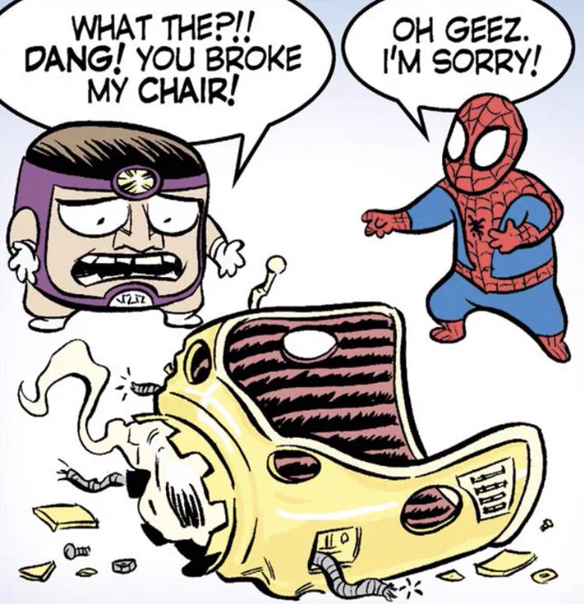 スパイダーマンのサマースペシャル読んでるが、2.5頭身でやたら短足のスパイディが非常にかわいい。戦いの中でモードックの椅子を壊してしまったスパイダーマン。「どうしてくれるんだよ。Dr.ドゥームのディナーに呼ばれてるのに」「ごめん。ウケアで代わりの椅子買ってあげるから許して」(何故?) 