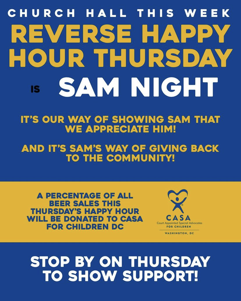 Stop by <a href="/churchhalldc/">Church Hall</a> tonight! A portion of the proceeds will be going to <a href="/CASAofDC/">CASA of DC</a>. Thanks for thinking of us! 💛 
#community #payingitforward #fostercareawareness