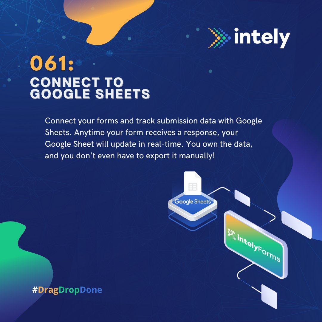 intely_io's tweet photo. #100ways to use #intely
#UseCase 061:

Connect to Google Sheets

Anytime your form receives a response, your Google Sheet will update in real-time. You own the data, and you don't even have to export it manually!

#usecases >>> https://t.co/FlhzwTzSmK

#dragdropdone #intelyforms https://t.co/0bT5d3PnYp