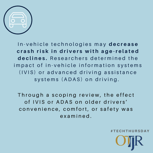 OTJRJournal's tweet photo. #TECHTHURSDAY
Examining the use of #tech and #driving for #olderadults
Did you know almost 20% of licensed drivers are over 65? And they are the second most prevalent group involved in #MVC? #assistivetechnology #OT #OTResearch #communitymobility
https://t.co/AujhyCTXFC https://t.co/2OFMO6pjEk