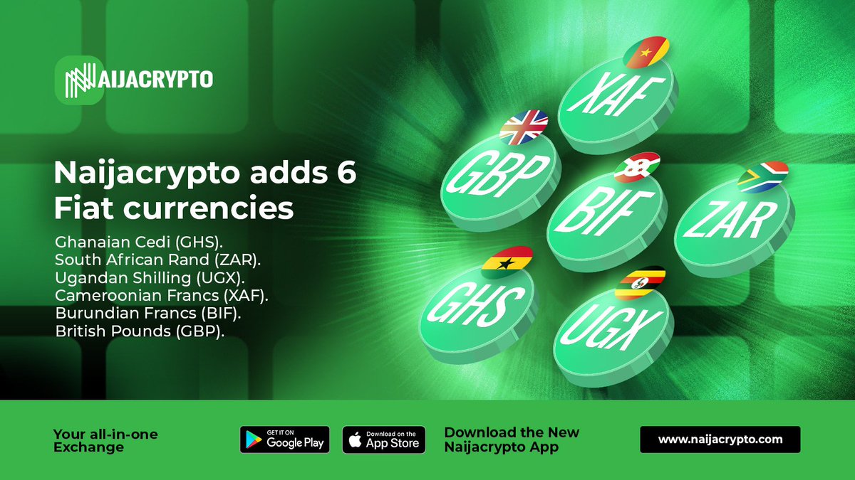 naijacrypto2's tweet image. Naijacrypto adds 6 Fiat Currencies!
.
We&apos;re pleased to announce the launch of six new Fiat currencies. You can now access Ghanaian Cedi (GHS),  South African Rand (ZAR), Ugandan Shilling (UGX), Cameroonian Francs (XAF), Burundian Francs (BIF) and British Pounds (GBP).