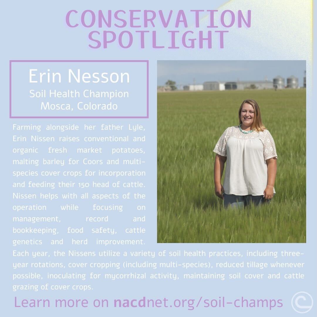 NACDconserve's tweet photo. This weeks #conservationspotlight highlights Erin Nesson, one of our Soil Health Champions in Colorado! Read more about her operations on NACDs website.
#conservation #soilhealthchampion #womeninconservation https://t.co/JXD0VOHGZ7