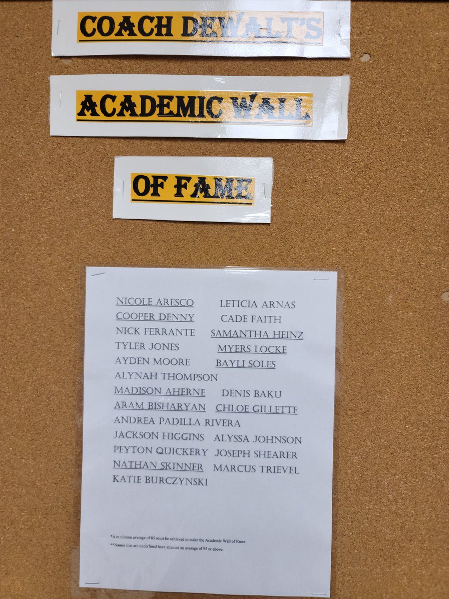 o_dewalt's tweet photo. 3rd QTR Academic Wall of Fame. Students must achieve an 85 average to make the wall. Underlined names are students with at least a 95 for the quarter. Congratulations! https://t.co/HfFPmnvr6T