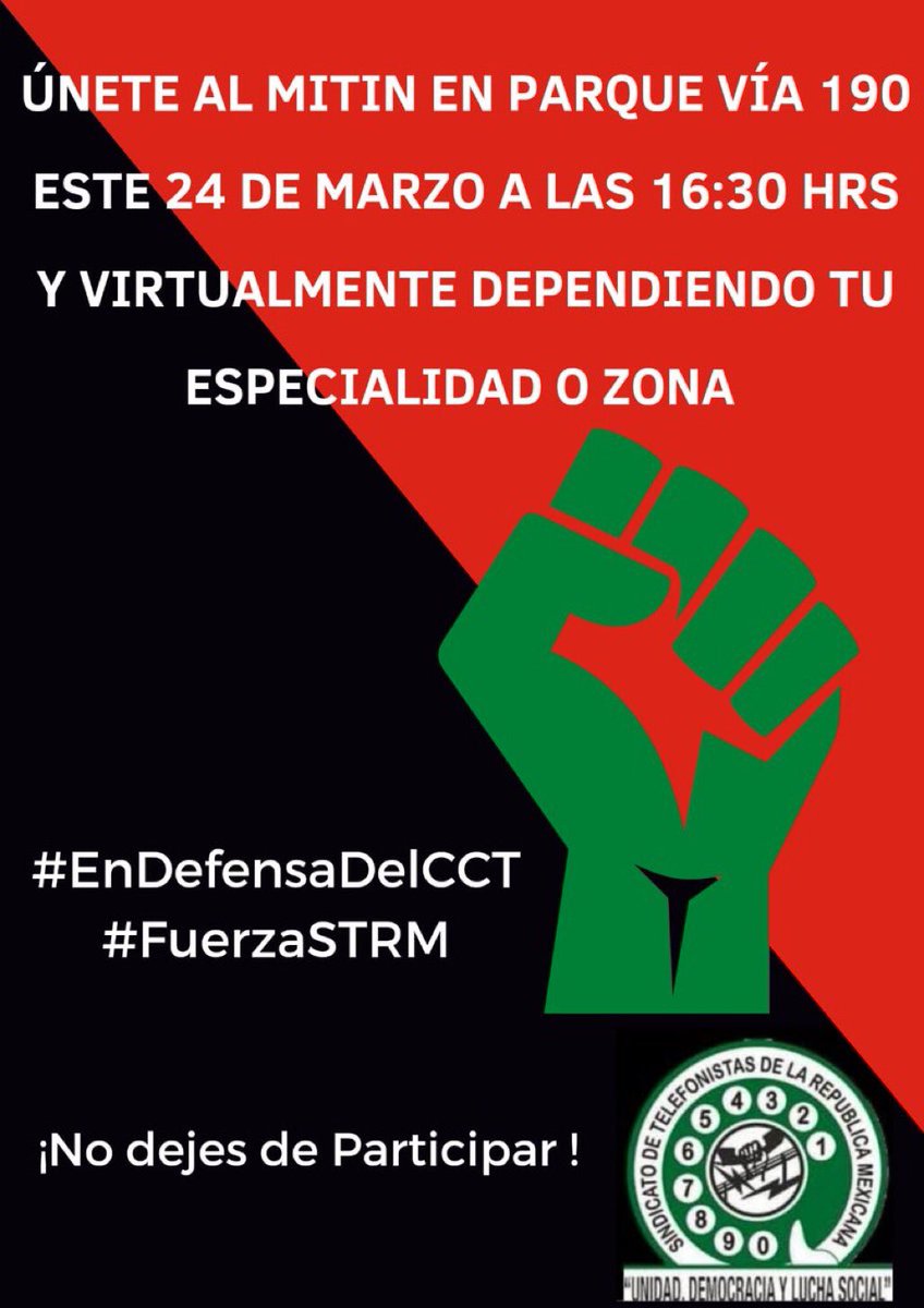 <a href="/Telefonistas/">STRM</a> nos manifestamos en la defensa de de nuestra fuente de empleo y de nuestros derechos.
Basta de competencia desleal y de herramientas y productos a cuenta gotas.
¡Nuestros clientes merecen servicio de calidad¡
#EnDefensaDelCCT #FuerzaSTRM #OrgullosamenteTelefonista