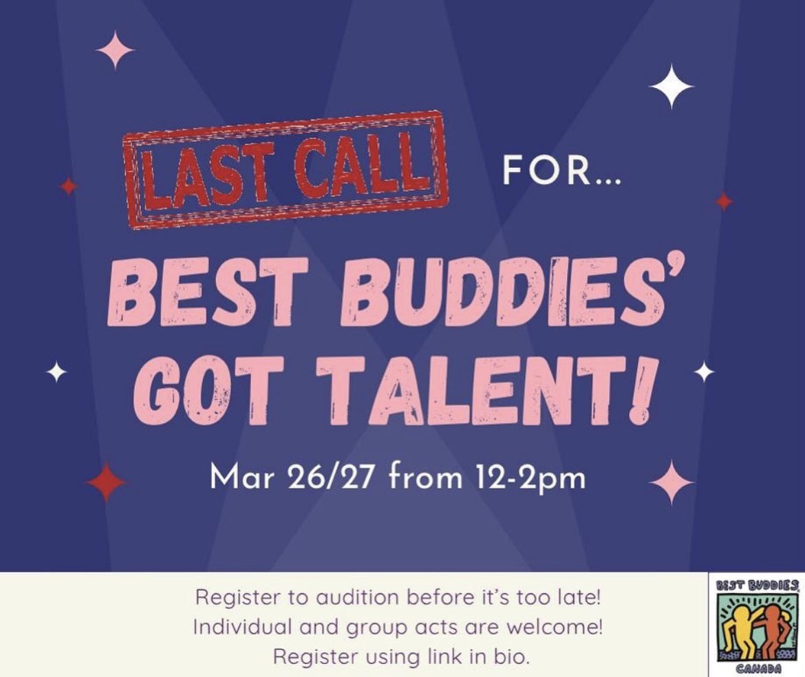 Our Best Buddies Got Talent show is quickly approaching! This is your last chance to showcase a unique talent on March 31st from 6pm-7:30pm at our Talent Show. 

Auditions will be held this weekend (Mar 26/27) from 12-2pm both days. 

Link in bio!