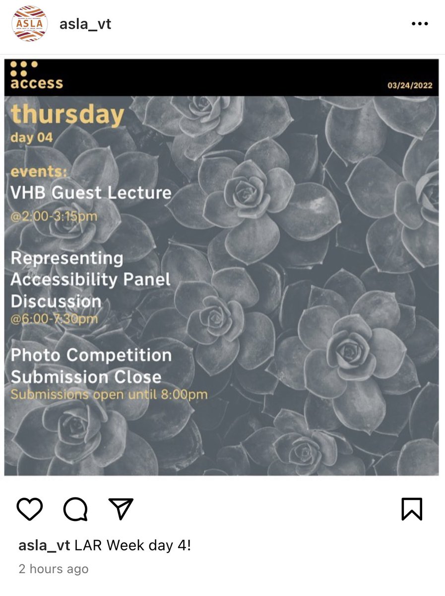 LAR Week Day 4! Join us for a virtual lecture with VHB 2-3:30, and a panel discussion at 6:00-7:30. Both are on topics on accessibility. DM for zoom info! Big thanks to our student ASLA chapter for organizing the week, we love y’all! #VTLAR #landscapearchitecture #LARWeek