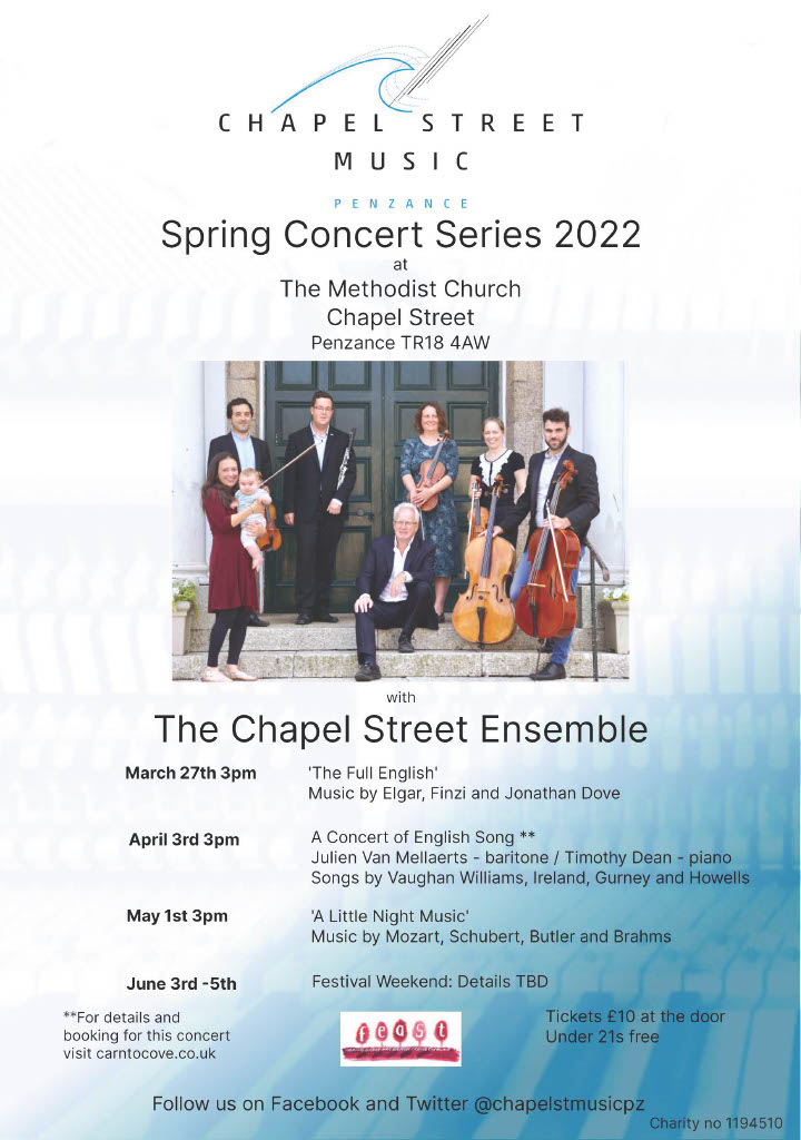Accomplished musician, Jacob Perry, who we are proud to have as part of the team here on St Michael’s Mount, will be performing with the Chapel Street Ensemble at The Methodist Church, Chapel Street, Penzance.

Dates and times below - sadly the 27th March date has been cancelled.