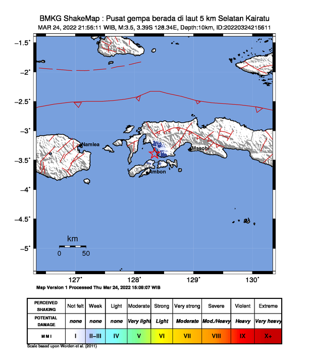 #Gempa Mag:3.5, 24-Mar-22 21:56:11 WIB, Lok:3.39 LS, 128.34 BT (Pusat gempa berada di laut 5 km Selatan Kairatu), Kedlmn:10 Km Dirasakan (MMI) III Kairatu, III Ambon, II Saparua #BMKG