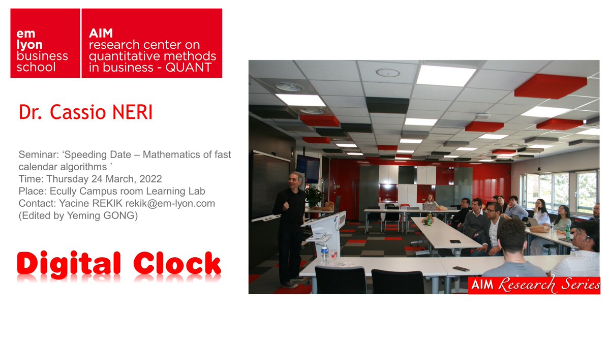 AIM_INST's tweet photo. In AIM QUANT Center, Dr. Cassio NERI, invited by Prof  Lorenz SCHNEIDER, had given a seminar "Speeding Date-Mathematics of fast calendar algorithms". @YacineRekik, @BenoitLoeillet, @YemingGong
#AI #Artificialintelligence #Digital #Digitalclock
https://t.co/hrKdlyIGzX https://t.co/HmBUeAC0h8