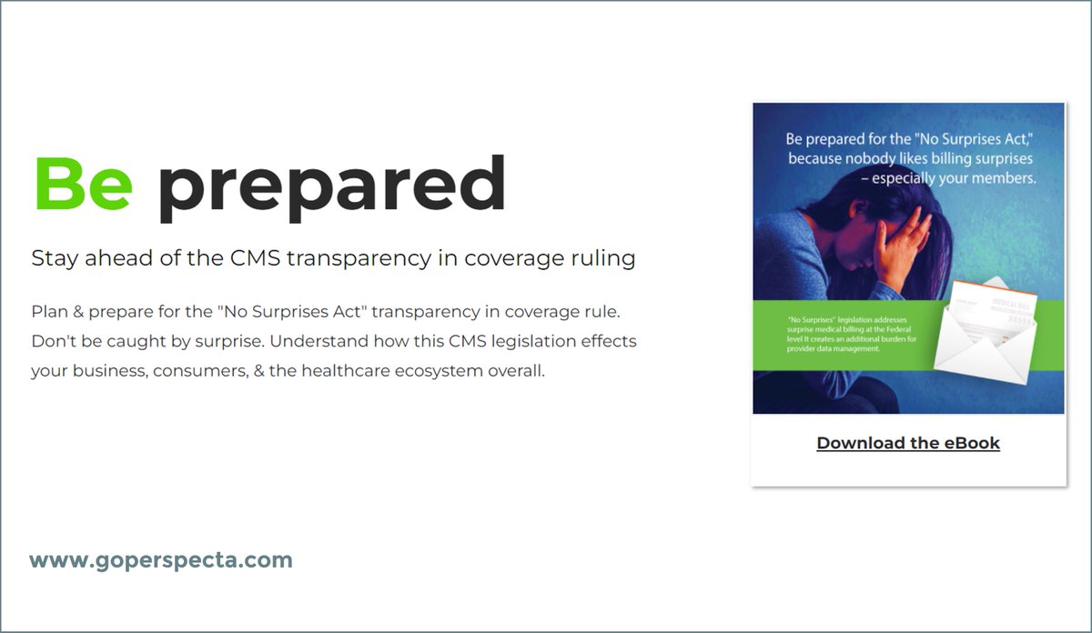 GoPerspecta's tweet image. Are you ready for the CMS &quot;No Surprises&quot; Act ruling &quot;Transparency in Coverage?&quot; Check out this resource toolkit. hubs.ly/Q013hT6D0
#nosurprises #transparencyincoverage #healthplan #CMS #providerdata