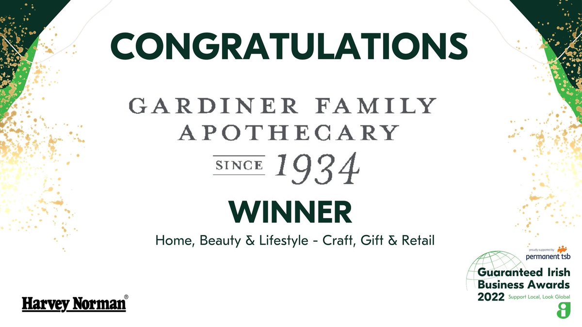guaranteed_irl's tweet photo. Congratulations @GF_Apothecary Winner of Home, Beauty &amp; Lifestyle Award sponsored by @harveynormanIE at #GuaranteedIrishBusinessAwards proudly supported by @permanenttsb. Gardiner Family Apothecary create sensitive skincare solutions, supporting four generations of Irish jobs. https://t.co/2aiO0te6CS