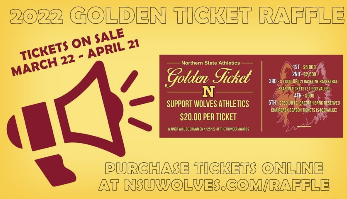 The Northern State University Athletic Department kicks off the 2022 Golden Ticket Raffle today. Student-athletes from throughout the department will sell the $20 tickets for a chance to win up to $5000. Tickets can be purchased also online by visiting nsuwolves.com/raffle.