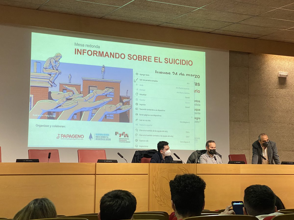ErgoPeriodismo's tweet photo. Comenzamos con la mesa redonda ‘Informando sobre el suicidio’ en la Facultad de Ciencias de la Información @UCMccinf. 

Con @papageno @pynm3. https://t.co/xkRG08QFrE