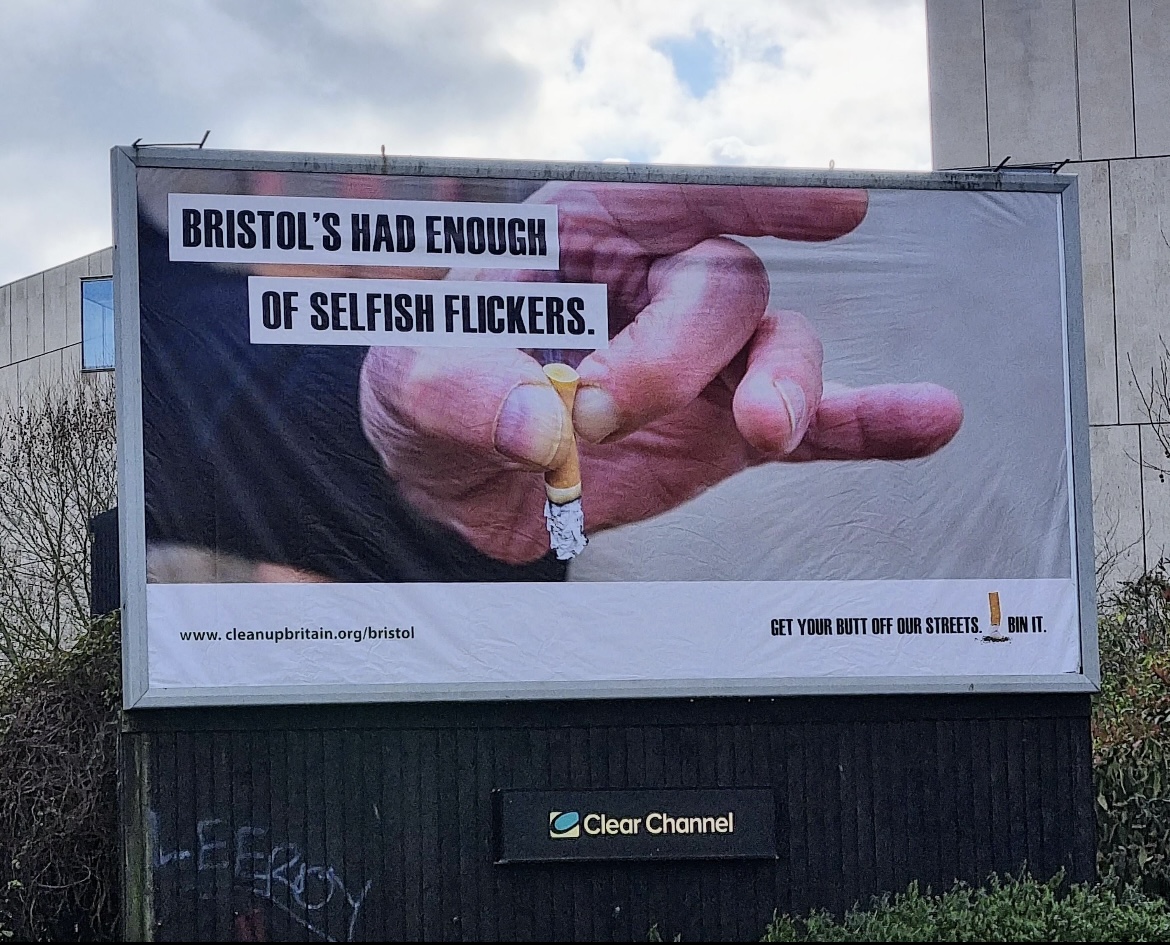 cleanupbritain's tweet image. A 48-sheet poster from our current anti cigarette litter campaign in Bristo - displayed at the entrance to the main Cabot Circus shopping mall.