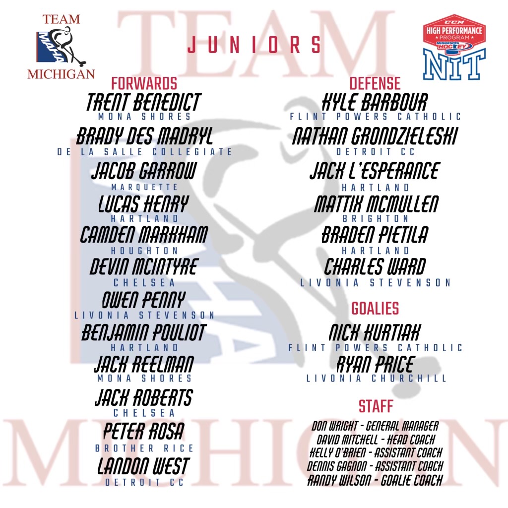 Congratulations to all these young men for making the Team Michigan - Junior team.  The team will be competing in the CCM NIT in Minnesota.