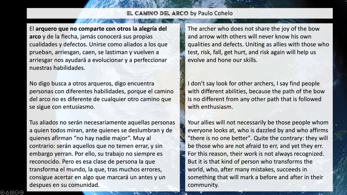 SereLinares's tweet photo. Day 3 of the #NaturallyLatinos4 conference. I want to share with you a beautiful passage from @paulocoelho 's book: El Camino del Arco. Seek the right allies, build your community, and add your voice to the definition of #latine #JuntosPodemosMas #NLC4 @ANStweets @eliza_cava https://t.co/oJAj93Z0y1