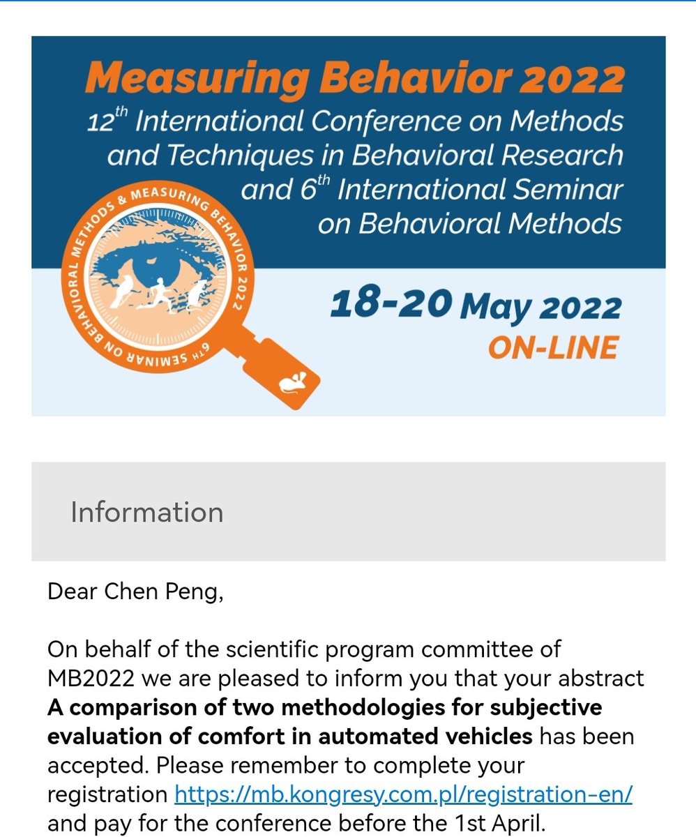 ChenPeng95's tweet photo. Glad to share: One abstract for #ICTTP, one short paper for #MeasuringBehaviour, are accepted πβΊοΈ Big thanks to my supervisor @NatashaMerat
for her support.
Perhaps see you online in May, and August in Gothenburg!π https://t.co/BGqcgfCa0Y