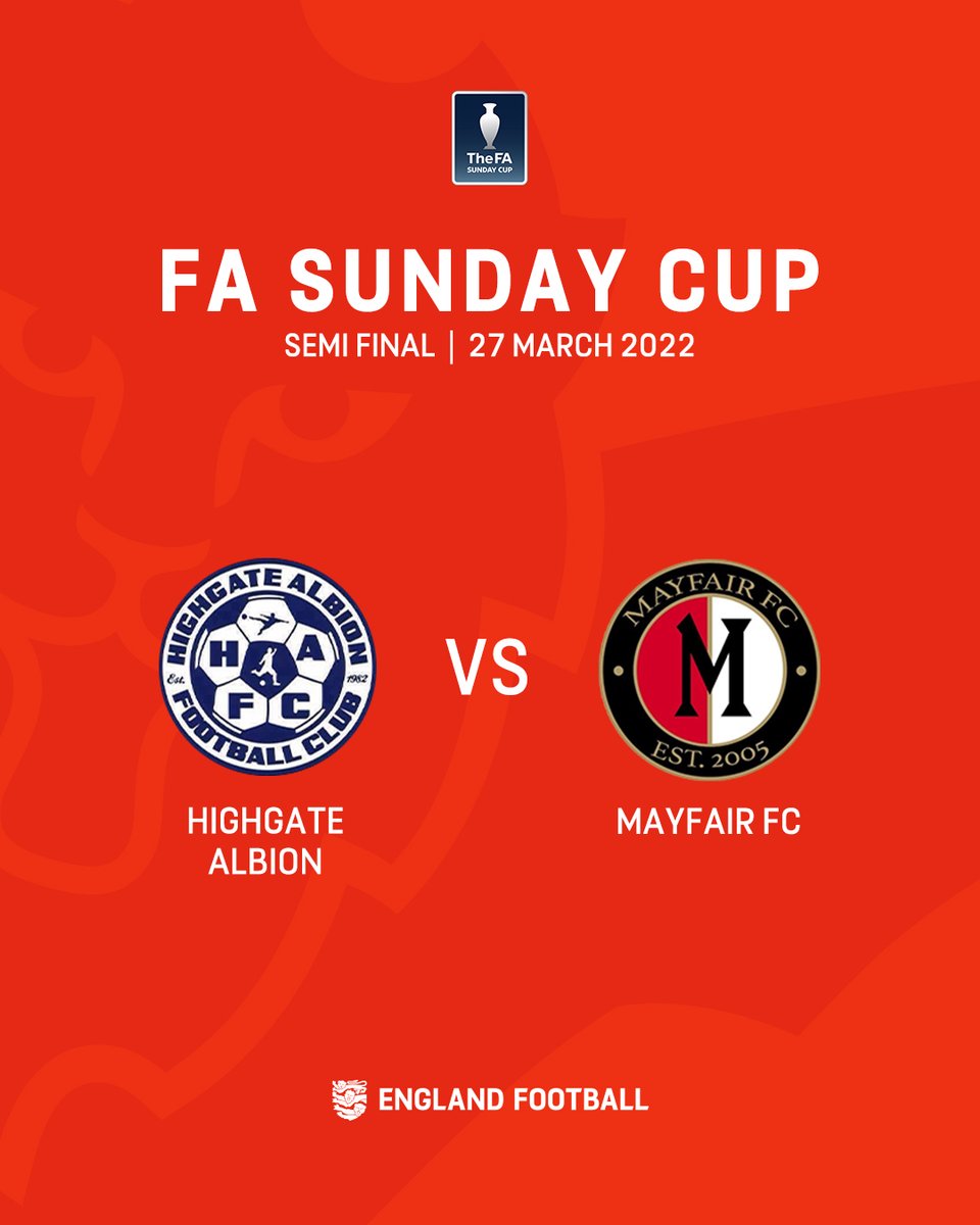 It’s Semi Final day in The #FASundayCup 🙌

We’ve got two incredible matches on the table 👇 

<a href="/Official_HAFC/">Highgate Albion FC</a>  v <a href="/MayfairFC12/">Mayfair FC</a> 

<a href="/BaitezeSquad/">Baiteze Squad</a> v <a href="/BoroDormansFC/">Middlesbrough Dormans FC</a> 

#TakeYourChance