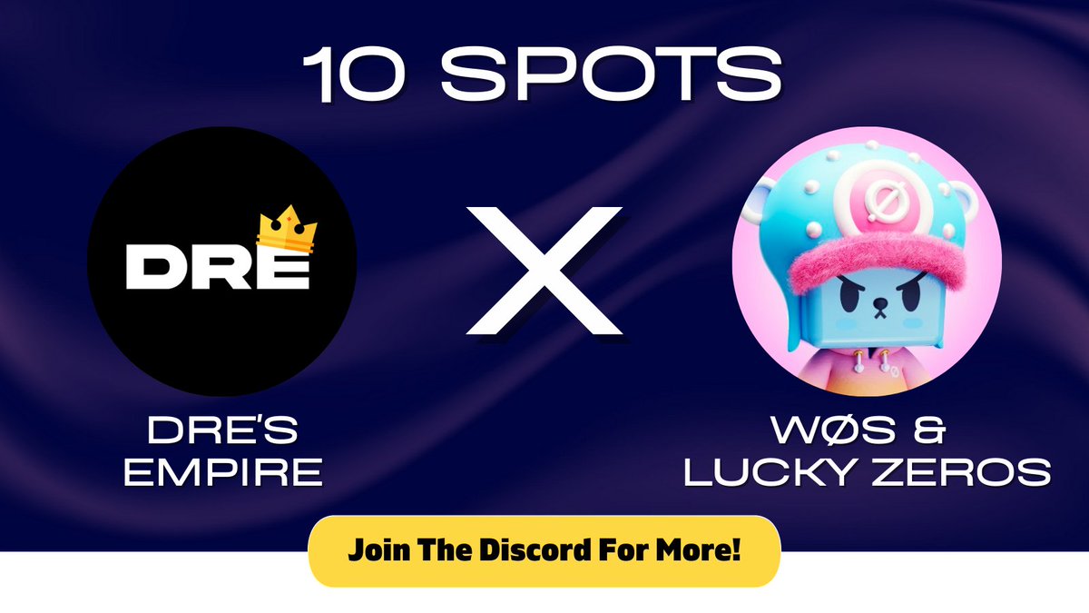 Dre (@dres_empire) on Twitter photo Dre's Empire x WØS & Lucky Zeros
<a href="/luckyzeros/">Lucky Zeros</a> and <a href="/WildOnes_Studio/">WØS</a> have given us 10x wl spots to giveaway on discord: discord.gg/dresempire
How to enter:
1. Follow <a href="/luckyzeros/">Lucky Zeros</a>, <a href="/WildOnes_Studio/">WØS</a>, <a href="/Dres_Empire/">Dre</a>
2. Like, RT and Tag 3 friends
3. Join the discord above
24 hours!! Dre's Empire x WØS & Lucky Zeros
<a href="/luckyzeros/">Lucky Zeros</a> and <a href="/WildOnes_Studio/">WØS</a> have given us 10x wl spots to giveaway on discord: discord.gg/dresempire
How to enter:
1. Follow <a href="/luckyzeros/">Lucky Zeros</a>, <a href="/WildOnes_Studio/">WØS</a>, <a href="/Dres_Empire/">Dre</a>
2. Like, RT and Tag 3 friends
3. Join the discord above
24 hours!!
